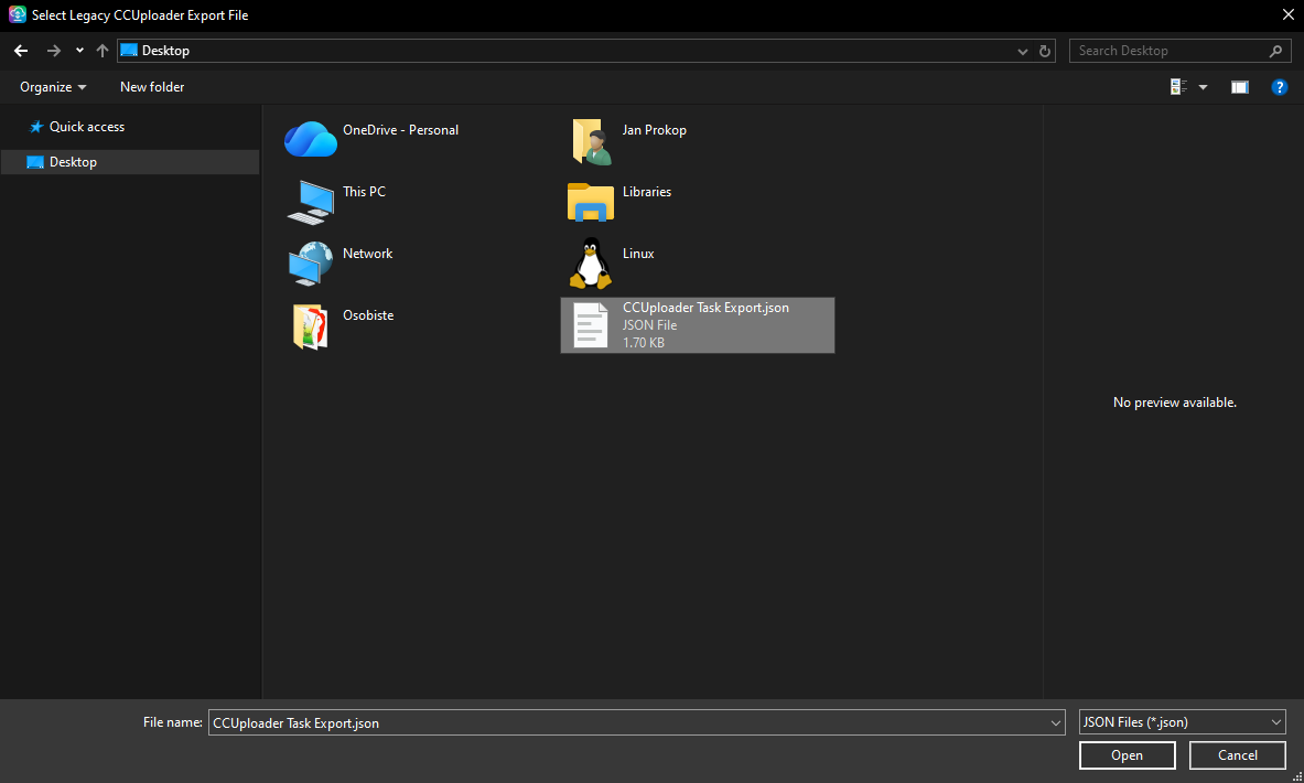 Select Legacy CCUploader Export File dialog with the exported JSON selected