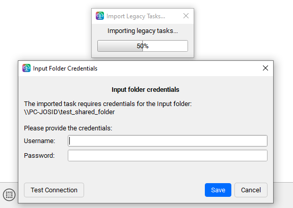 Input Folder Credentials dialog asking for the network share's username and password, with the import progress bar behind it