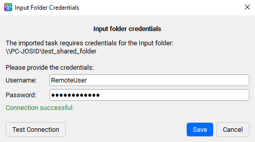 Input Folder Credentials dialog showing Connection successful after Test Connection