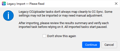 Legacy Import — Please Read dialog with Continue and Cancel buttons