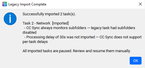 Legacy Import Complete report listing imported tasks with per-task notes
