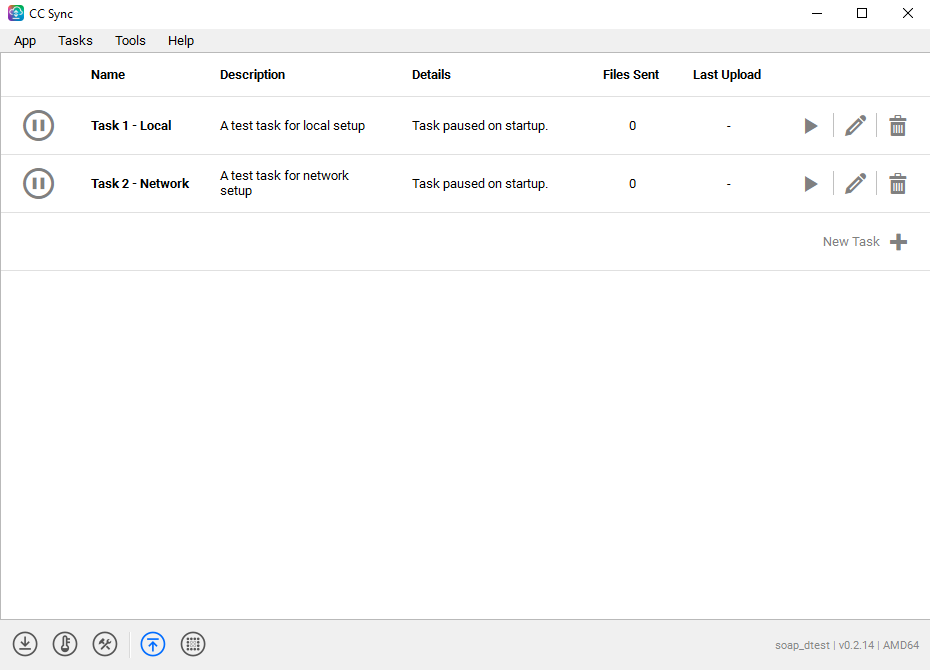 CC Sync Task Panel with two imported tasks paused, each with play, edit and delete controls