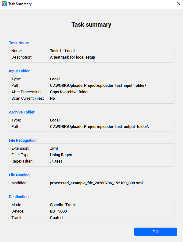 Task Summary of the imported local-folder task with grouped setting boxes and an Edit button