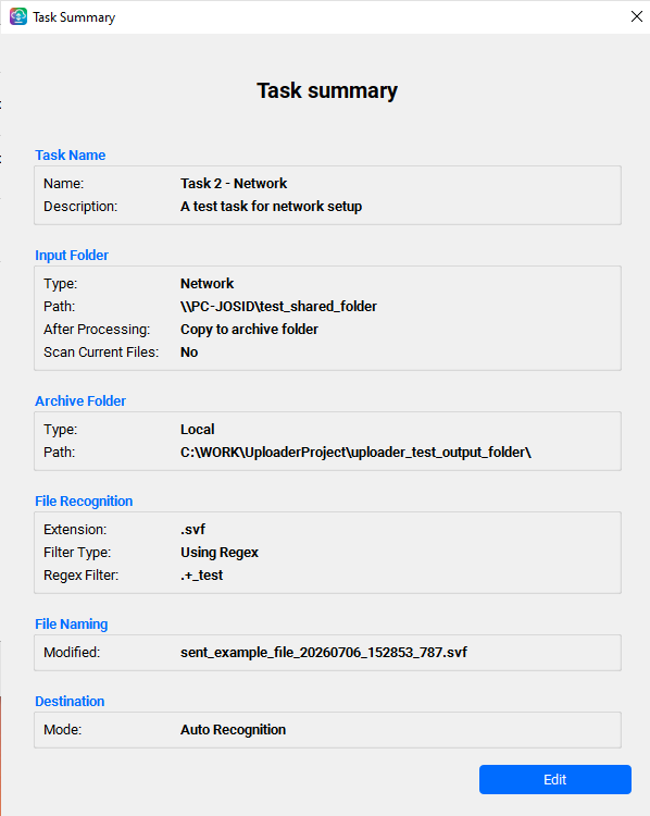 Task Summary of the imported network-share task