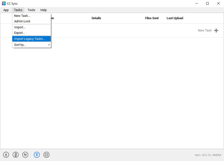 CC Sync Task Panel with the Tasks menu open and Import Legacy Tasks highlighted