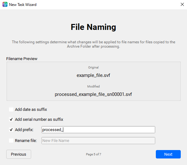 Task Wizard — File Naming page with a live filename preview and rename options
