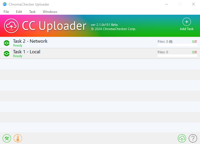 CC Uploader main window with two tasks and the tools button in the bottom-left corner