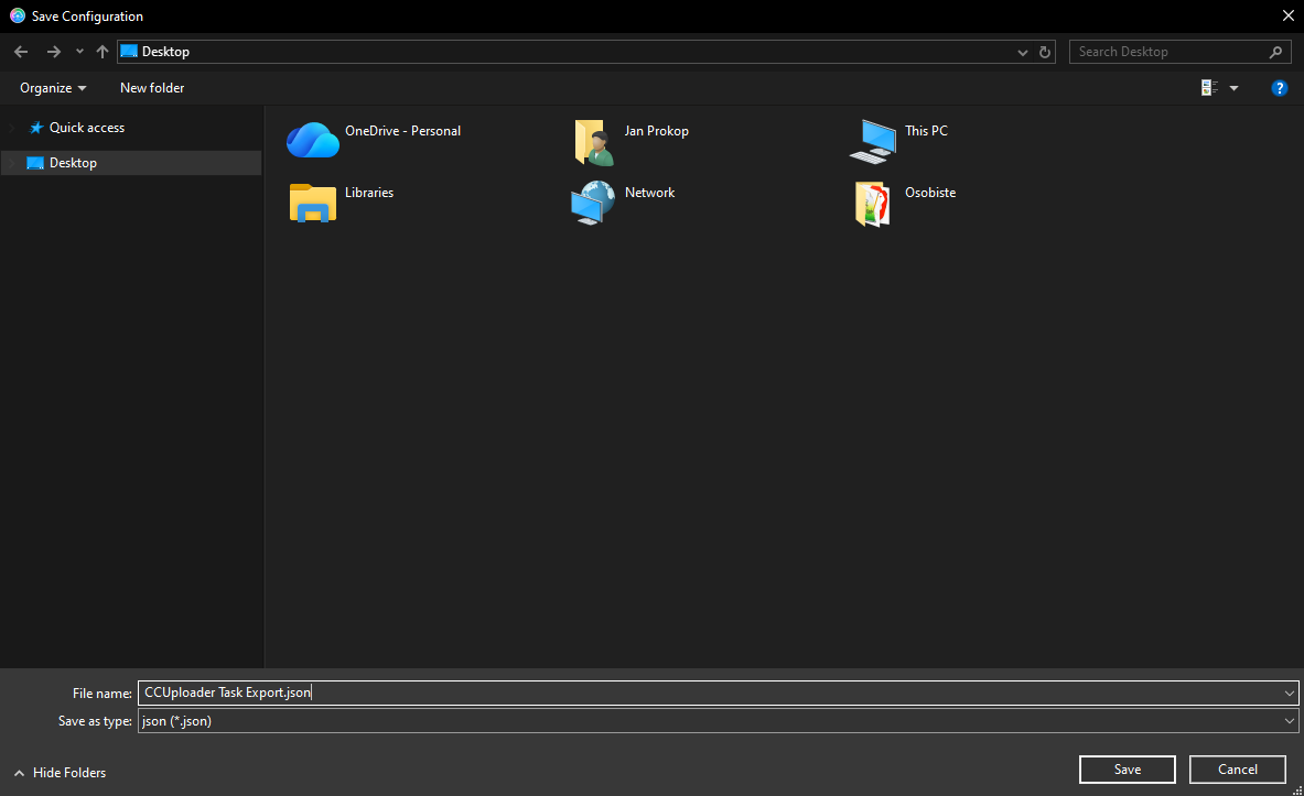 Save Configuration dialog saving CCUploader Task Export.json to the Desktop