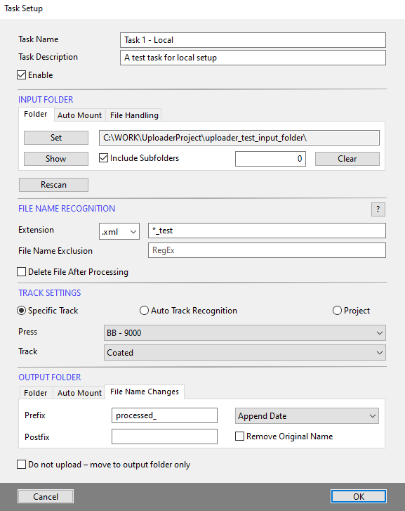 CC Uploader Task Setup window of a task watching a local folder