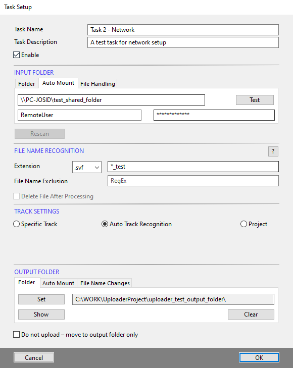 CC Uploader Task Setup window of a task watching a network share via the Auto Mount tab